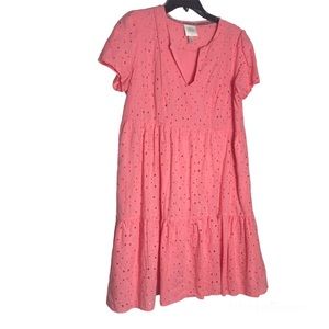 Knox Rose Coral Pink Eyelet Tiered Short Sleeve Dress.